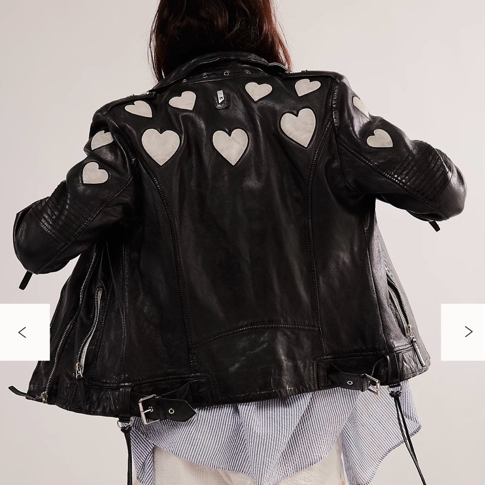 Free People Black Leather Jacket with Cream Heart Details